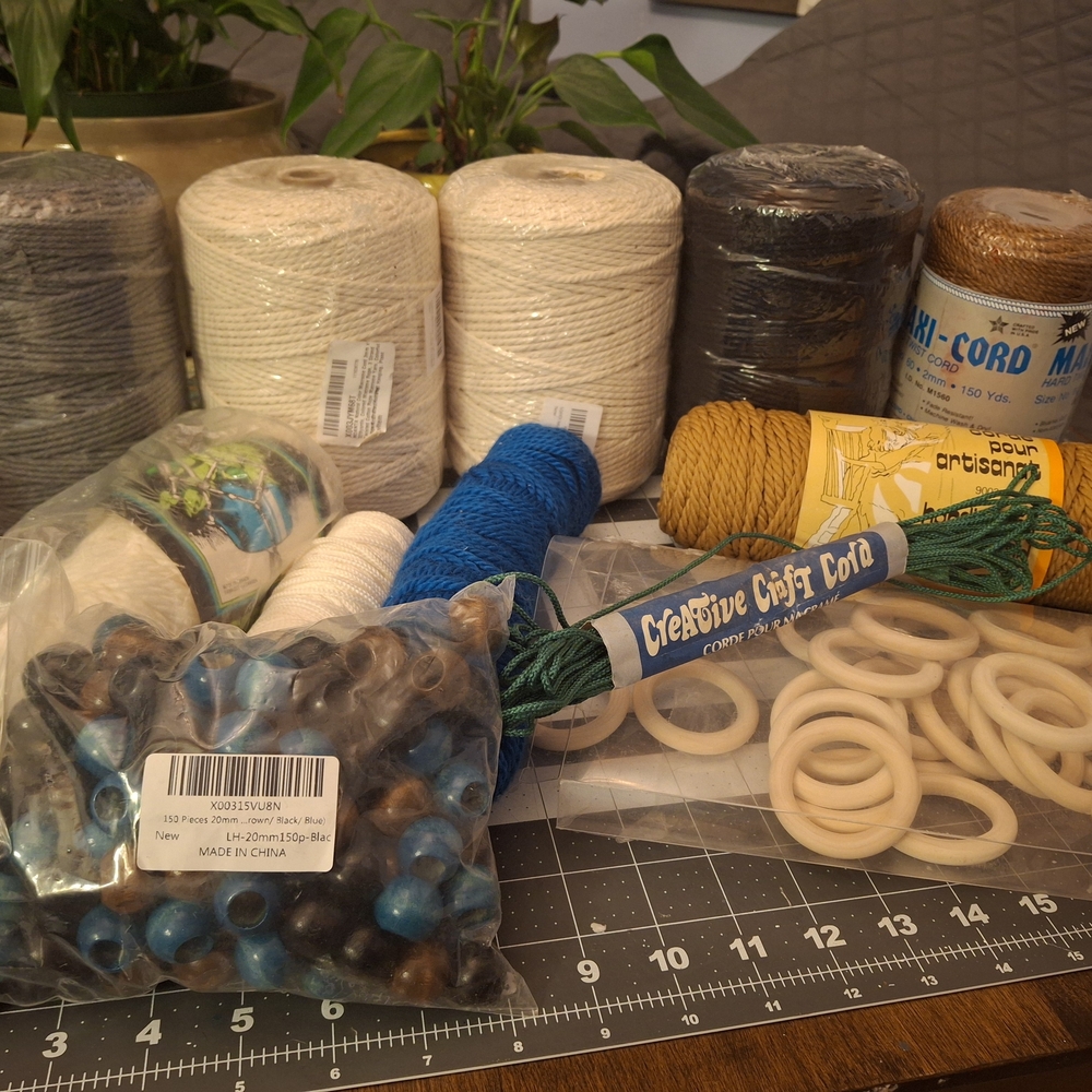 Macramé Cords:4 Large Rolls and Smaller Vintage! New Beads And Wooden Rings